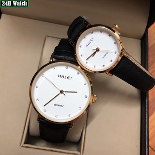 Đồng Hồ Đôi Nam Nữ HALEI Dây Da Cực Đẹp Dây Đen Viền Vàng