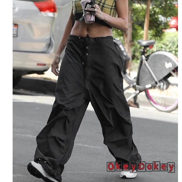 Quần Baggy Y2K Màu Trơn Dáng Rộng Phối Túi Cho Nữ Hàng Ngày
