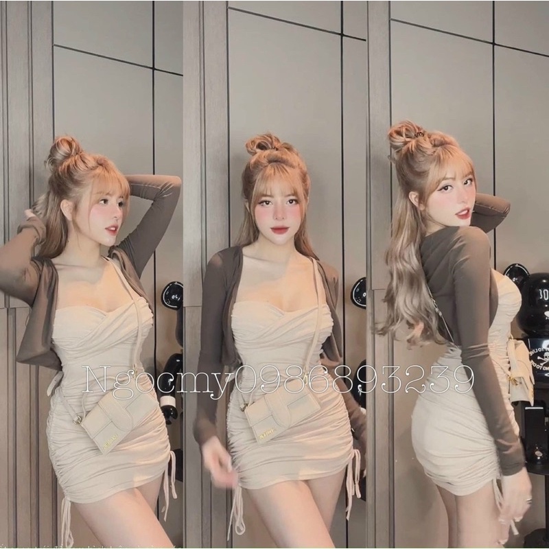 Set Đầm Ống Cặp Kèm Khoác Rút Dây MpB Hình Thật Sp #LYN