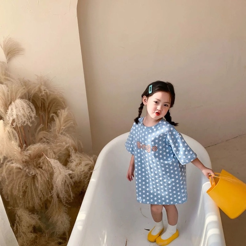 Đầm Thun Dài Tay Ngắn In Chữ Thời Trang Xuân Hè Cho Bé Gái