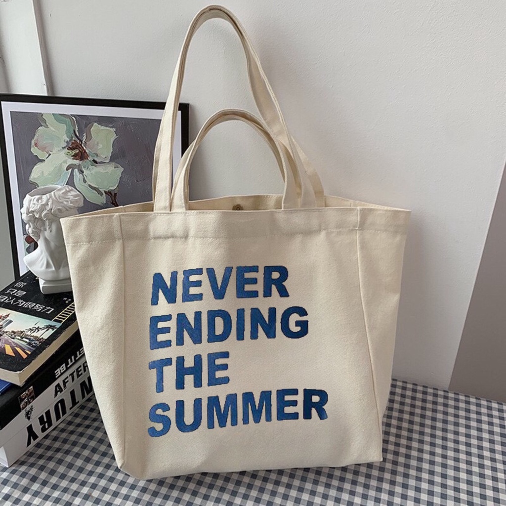 Túi tote HAZIN size lớn vải canvas ulzzang unisex Never Ending  có khoá miệng ngăn phụ đi học đi chơi đựng vừa khổ a4