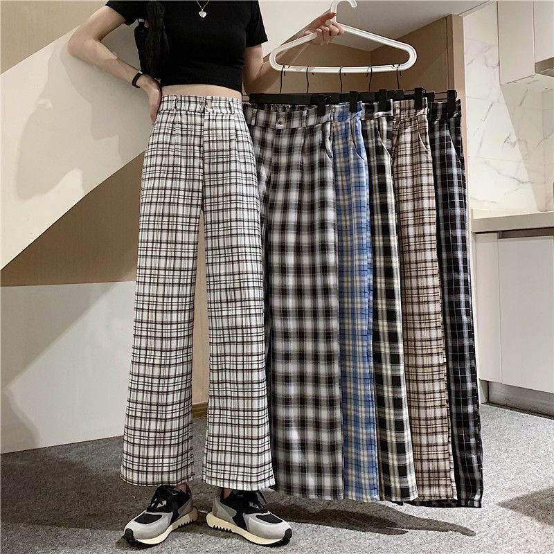 Spring and summer new plaid high waist drape loose and versatile straight-leg pants，cheap borong of Koreanfashion women's clothing readystock 210517