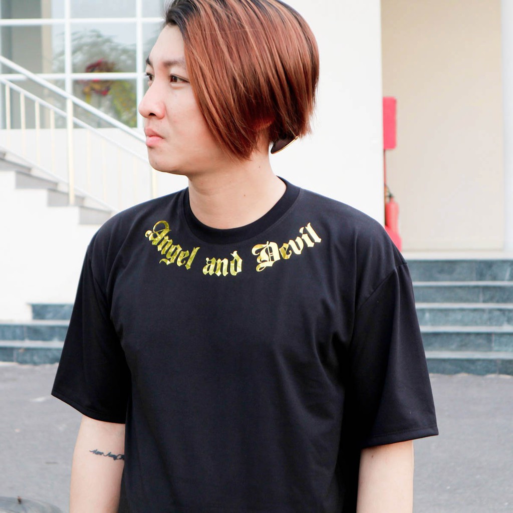 Áo thun tay lỡ nam nữ nhũ vàng Angel Devil