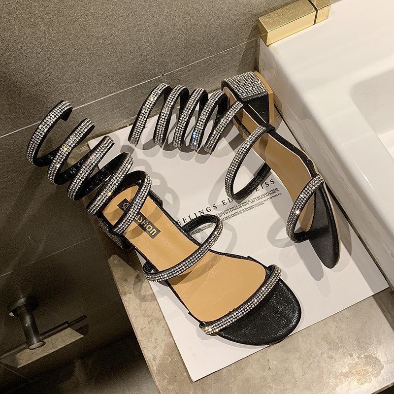 Giày Sandal Đế Bằng Dày Dặn Cột Dây Đính Đá Phong Cách La Mã Bohemian Mùa Hè Cho Nữ