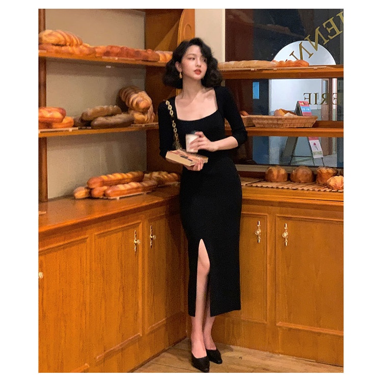 Hong Kong style square neck knit dress