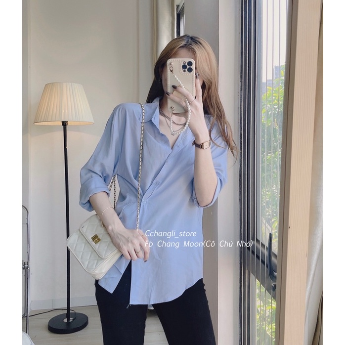 Sơ mi xanh cúc chéo phối quần jean ống đứng(ảnh thật shop chụp) | BigBuy360 - bigbuy360.vn