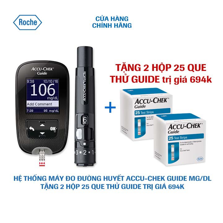 Hệ thống máy đo đường huyết Accu-Chek Guide mg/dL + Tặng 2 hộp 25 que thử AC Guide