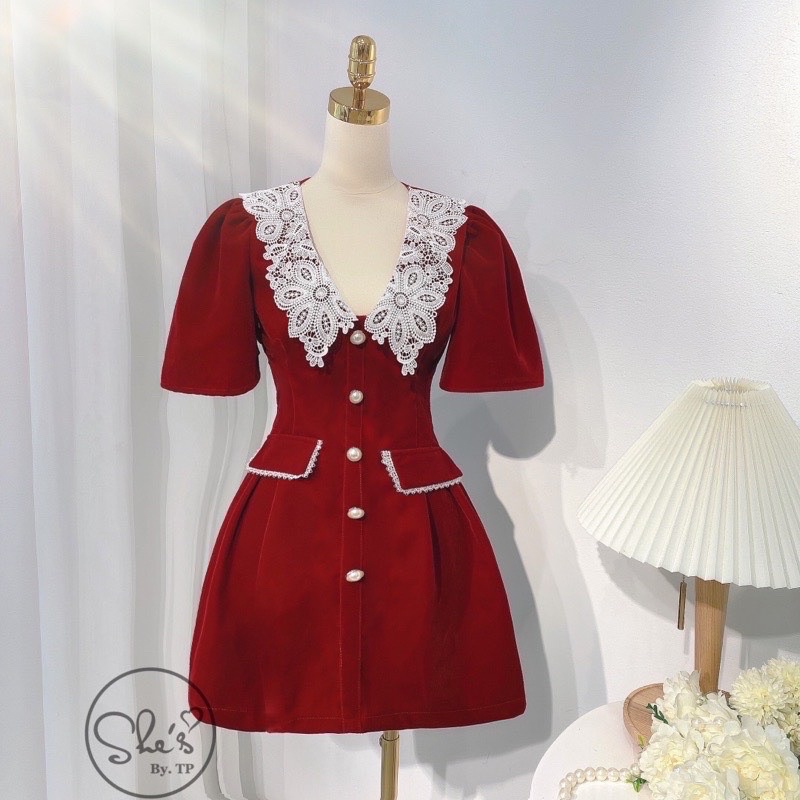 Váy Nhung Cổ Ren Khuy Ngọc 2 Màu Tiểu Thư Siêu Xinh Có Ảnh Thật Kèm Video | BigBuy360 - bigbuy360.vn