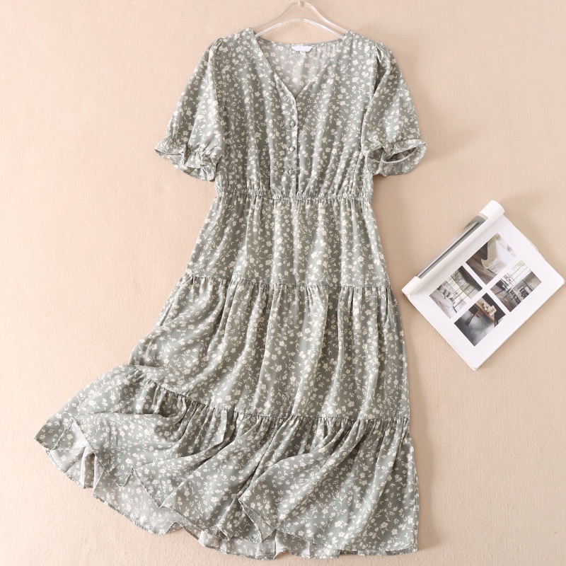 Đầm Voan Hoa Dáng Dài Cổ Chữ V,Váy Hoa Nhí Vintage Dáng Xoè Đuôi Cá Chất Vải Mềm Mát Da177