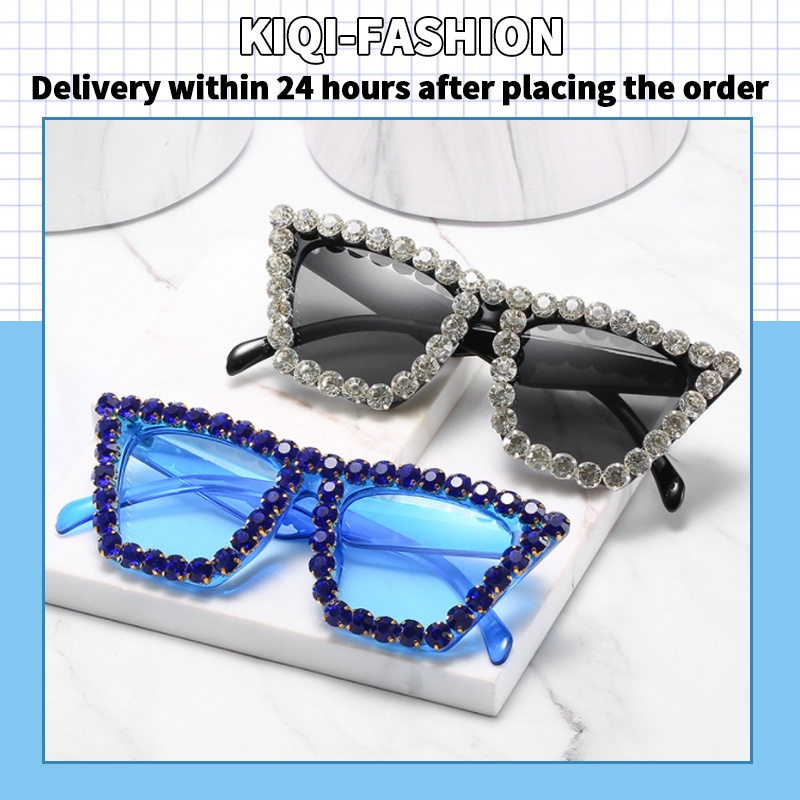 (KIQI-FASHION) COD Kính Mát Gọng Mắt Mèo Đính Đá Thời Trang Chống Tia Uv400 Dành Cho Nữ