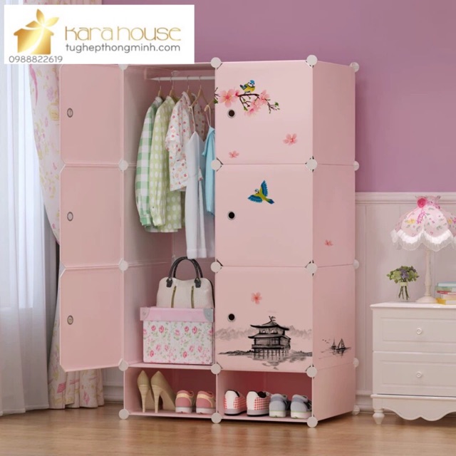 TỦ NHỰA GHÉP 6 Ô KÈM 2 Ô GIÀY ĐỰNG TREO QUẦN ÁO SÂU 47cm. Tặng kèm 1 treo đồ. Mẫu hồng hoa đào.