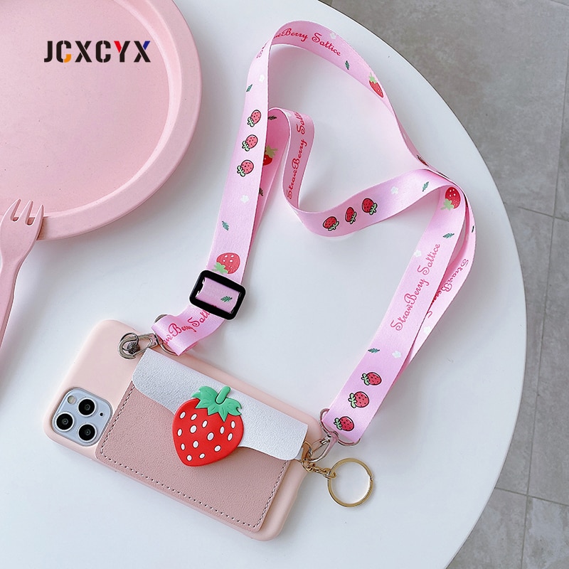 Ốp điện thoại gắn ví da mềm hình quả bơ dâu hoạt hình 3D cho Iphone 12 mini 11 Pro Max X XR XS 6S 7 8 plus SE 2020