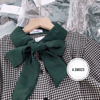 Áo sơ mi lụa ziczac cổ nơ xanh