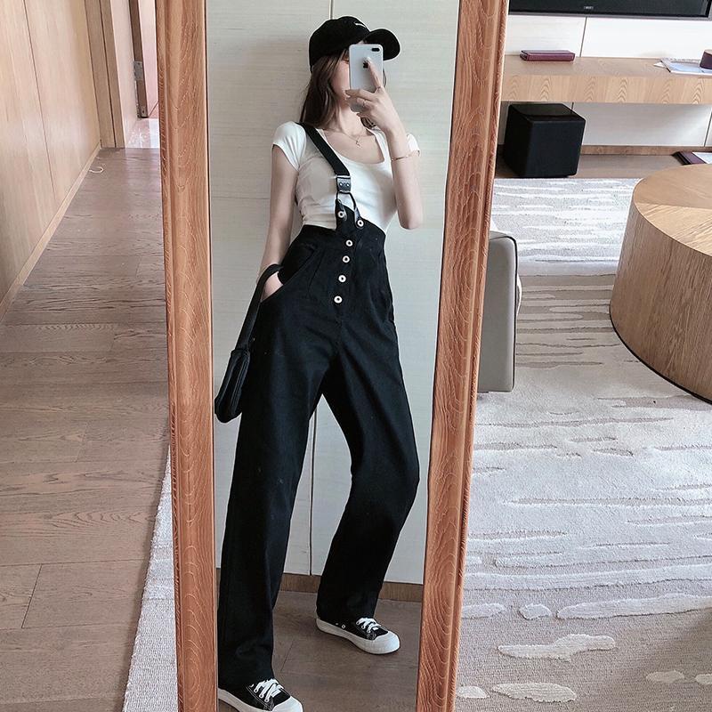 Jiashucheng Quần Yếm Jean Nữ Lưng Cao Phong Cách Hàn Quốc Mới