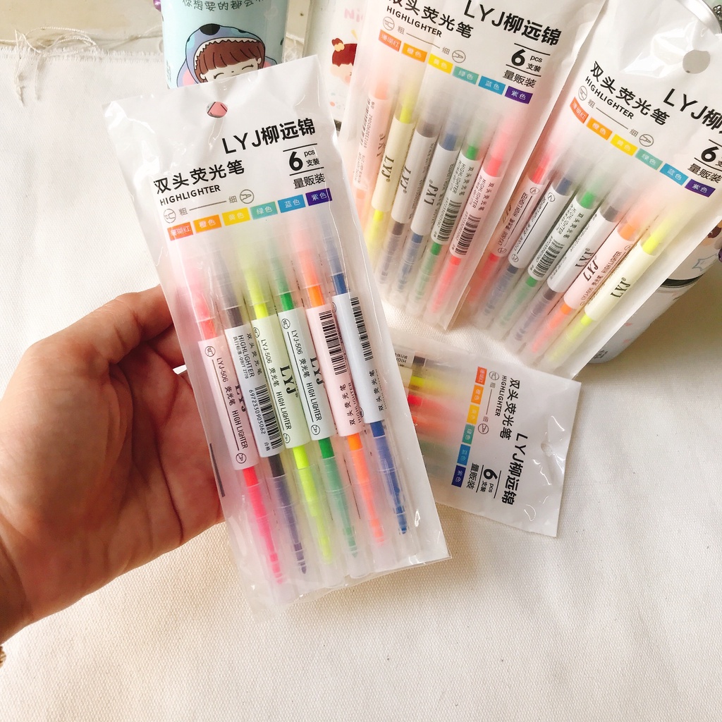 Set 6 bút highlight, bút dạ quang 2 đầu màu pastel Chosch xịn