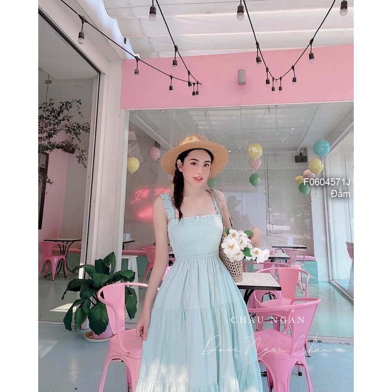 Đầm maxi thô xòe tầng nhún ngực 2 dây! | BigBuy360 - bigbuy360.vn