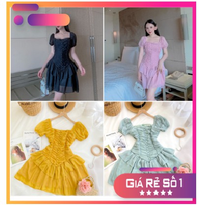 Đầm nút bọc chân bèo 😗😗𝙃𝙖̀𝙣𝙜 𝙩𝙝𝙞𝙚̂́𝙩 𝙠𝙚̂́ 𝙜𝙞𝙖̉𝙢 𝙨𝙤̂́𝙘 😗😗tay ngắn phồng đính cúc dáng xòe thời trang nữ