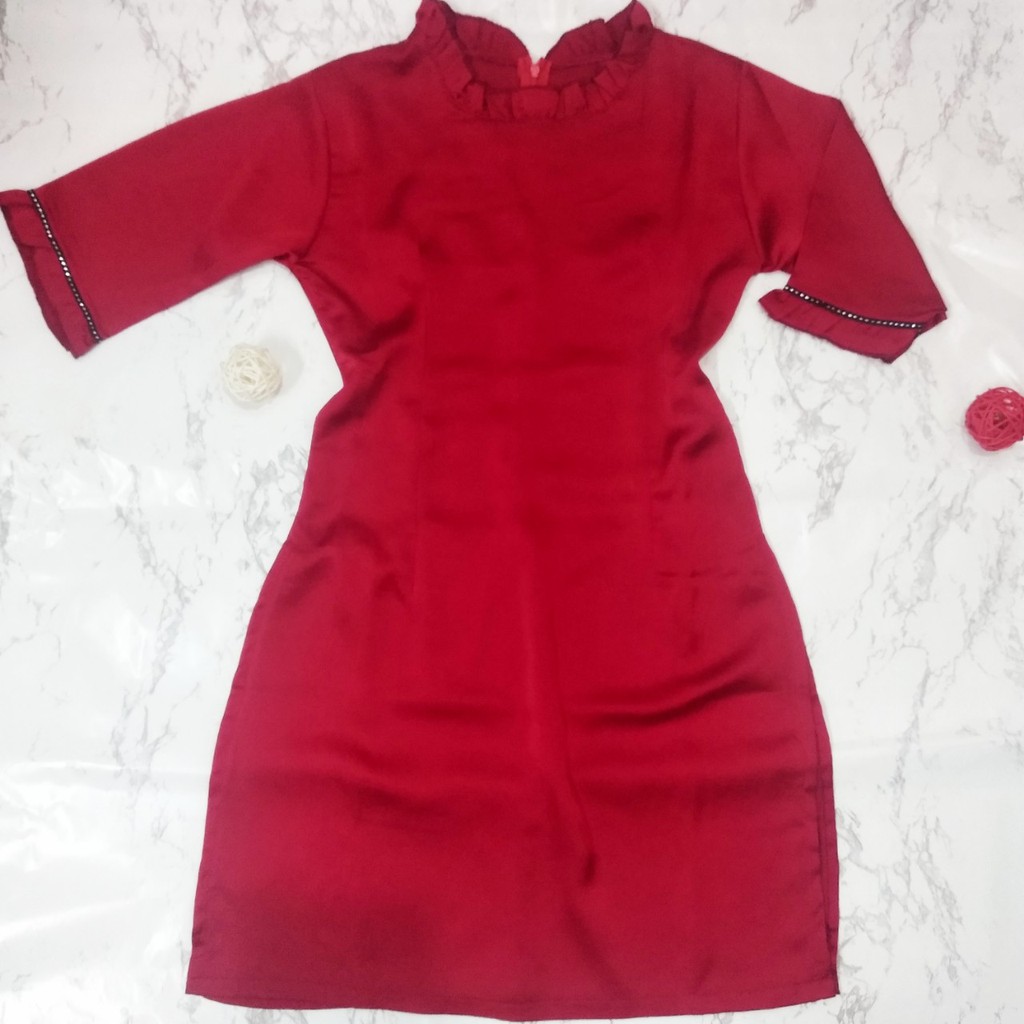 [Kèm Ảnh Thật & Video] Áo dài cách tân nữ màu đỏ cổ tròn duyên dáng xinh xắn (AD-128B) | BigBuy360 - bigbuy360.vn