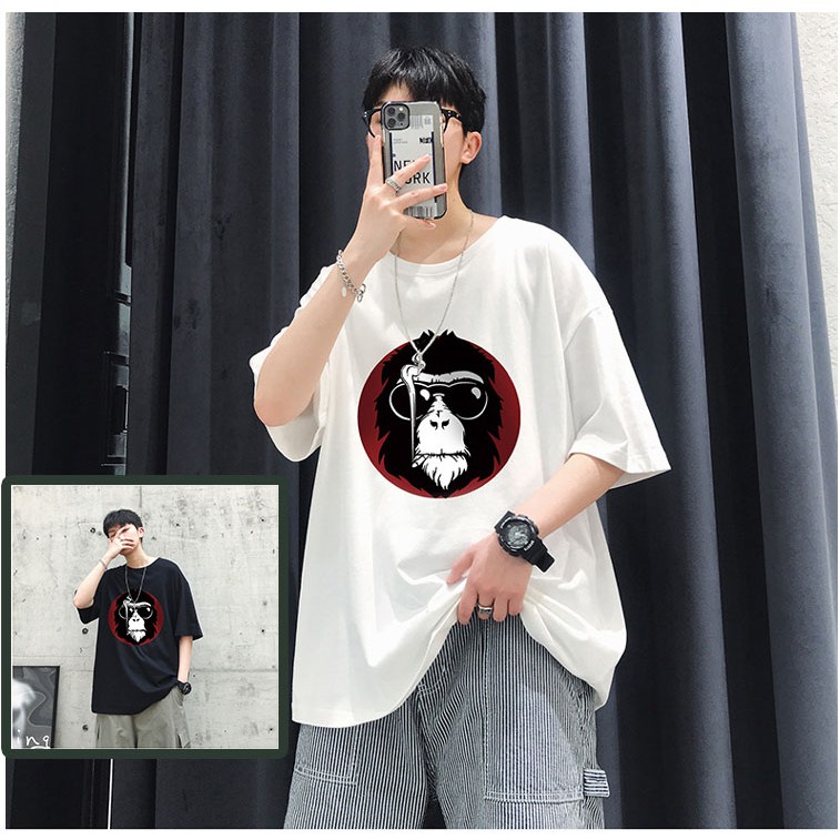 Áo thun unisex basic Monkey Smoker dáng rộng tay lỡ hai màu trắng đen, áo phông nam nữ oversize tay lỡ