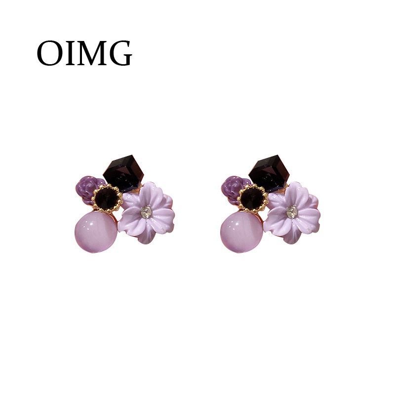 OIMG  Bông Tai Mạ Bạc 925 Hình Hoa Đính Đá Opal Màu Tím Cho Nữ