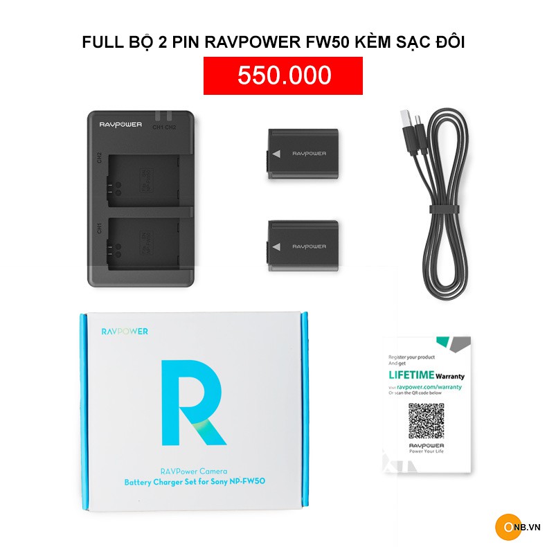 Ravpower FW50 bộ 2 pin và sạc đôi Type C cho Sony Alpha mẫu mới 2022