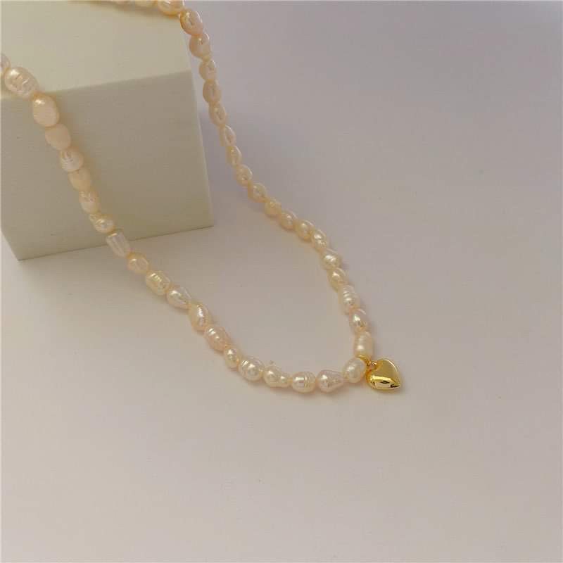 Choker-dây chuyền chuỗi ngọc trắng charm tim bạc
