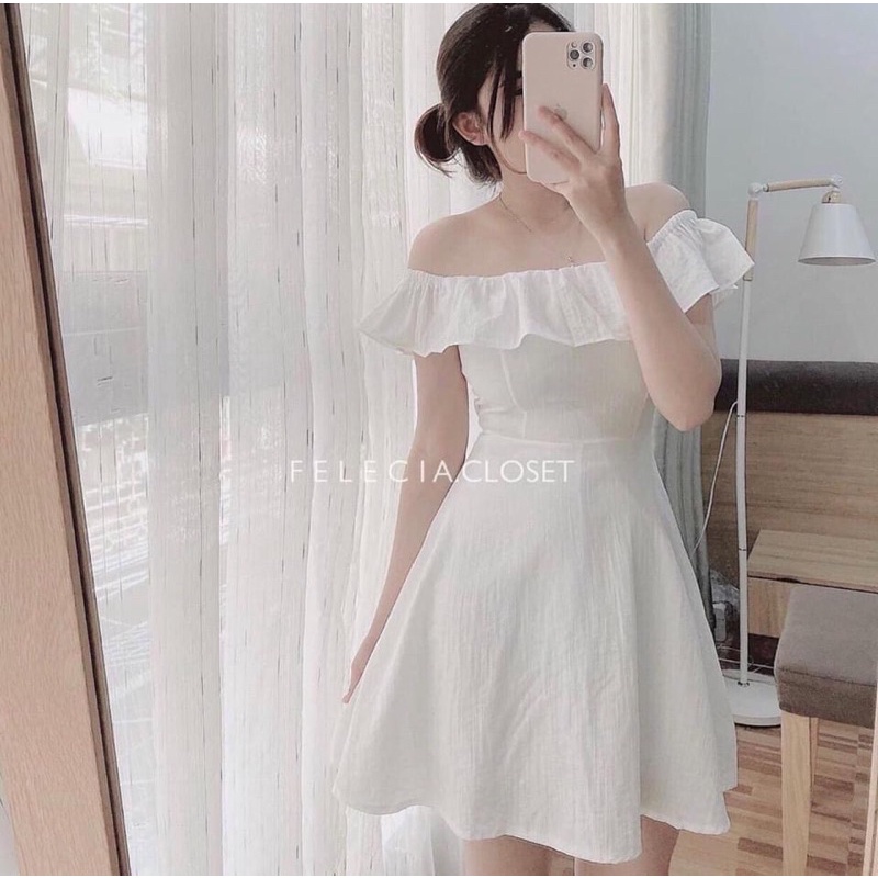 Váy trễ vai tiểu thư - Váy bẹt vai chun lưng dáng ngắn