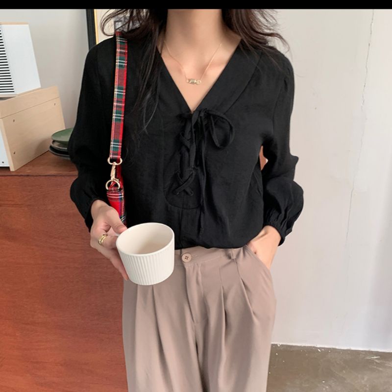 áo sơ mi kiểu cổ v đan dây ngực vintage hàn quốc