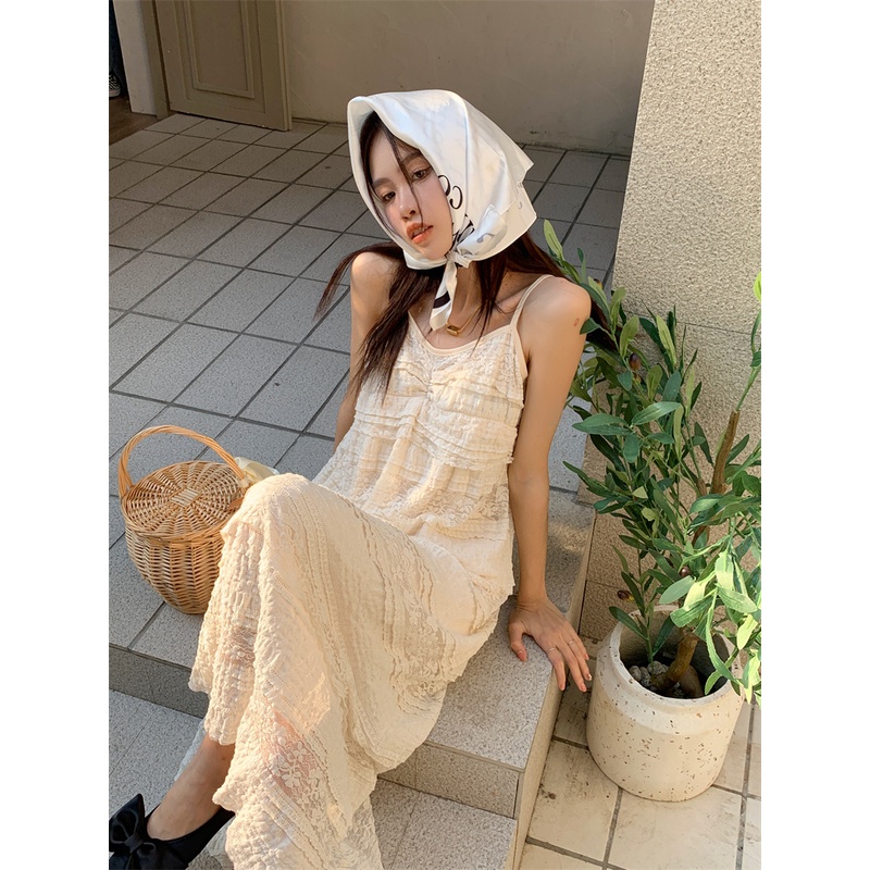 Đầm hai dây ren xấp tầng nhỏ gợn sóng váy dài dáng suông đơn giản nhẹ nhàng nữ tính trong sáng thanh lịch