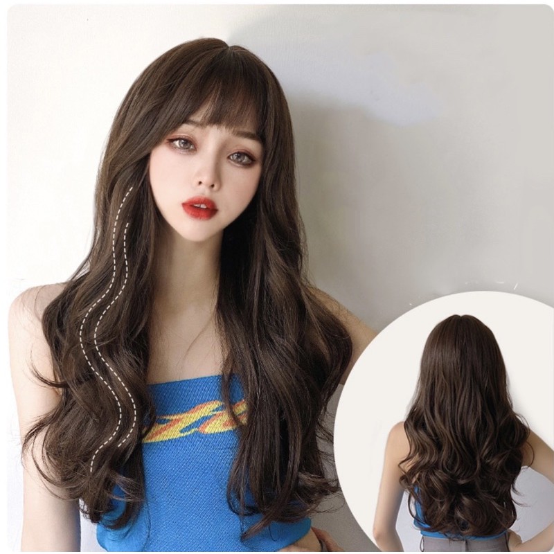 Tóc Giả Nguyên Đầu Xoăn Dài Phong Cách Hàn Quốc Nữ Tính Tặng Kèm Lưới Đội Tóc