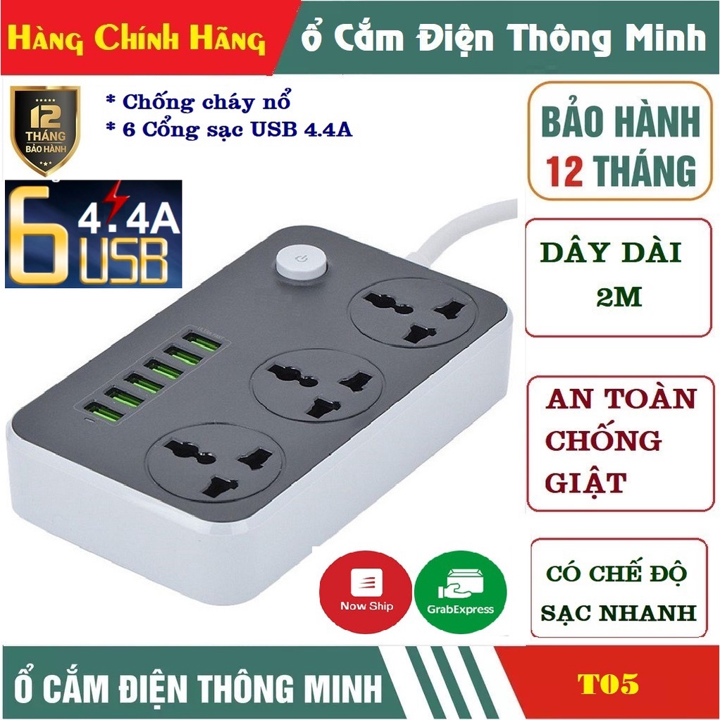 Ổ điện đa năng, Ổ cắm điện thông minh 6 cổng USB sạc nhanh 4.4A an toàn chống giật,chống cháy nổ