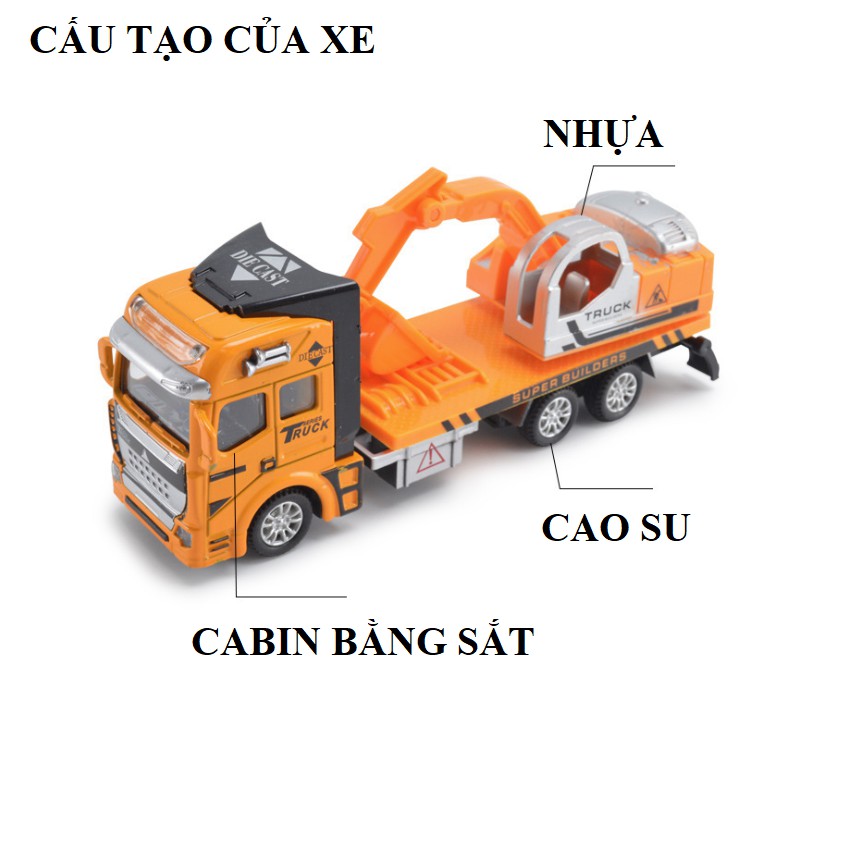 Đồ chơi xe ô tô cẩu xúc phía sau mô hình tỉ lệ 1:48 cabin xe bằng sắt xe chạy cót