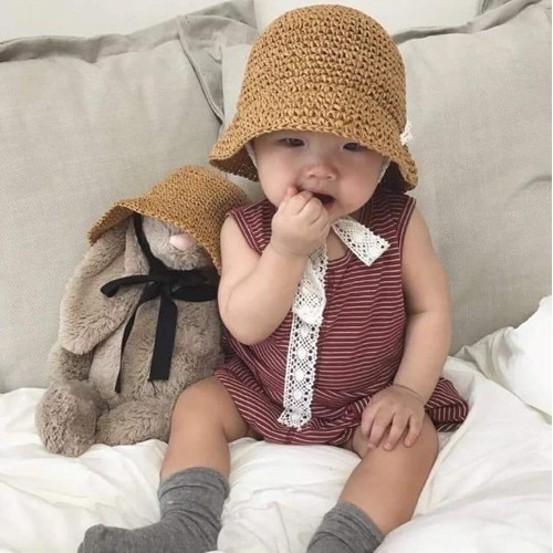 Mũ Cói Buộc Dây Cho Bé Phong Cách Hàn Quốc