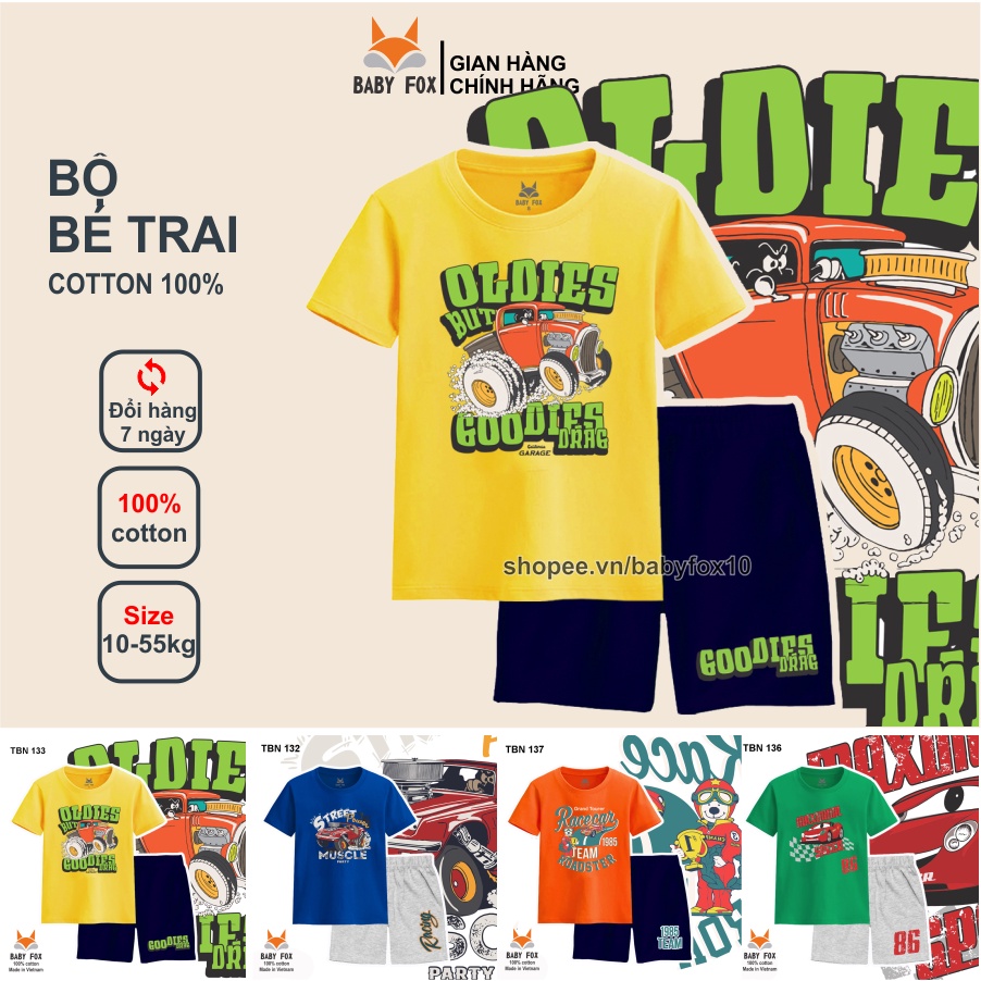 Bộ thun bé trai size nhỏ, trung, đại 100% cotton loại tốt, thương hiệu BABY FOX, hình xe hơi d