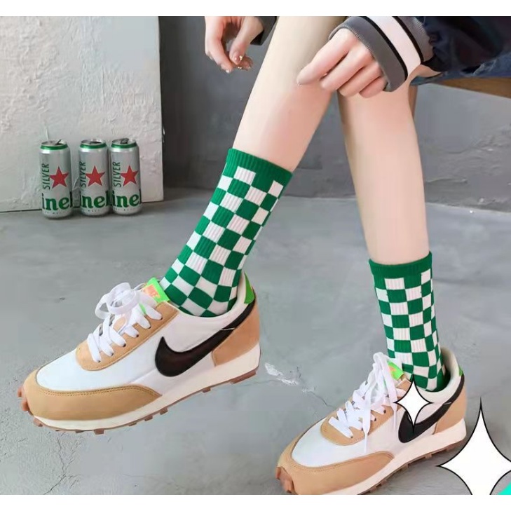 1 Đôi Tất cotton Thoáng Khí Họa Tiết Sọc Caro Phong Cách Hàn Quốc