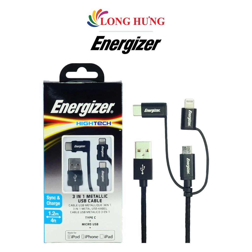 Cáp 3 trong 1 Micro USB - Lightning - USB Type-C Energizer Metallic 1.2m C13UBX3CF - Hàng chính hãng