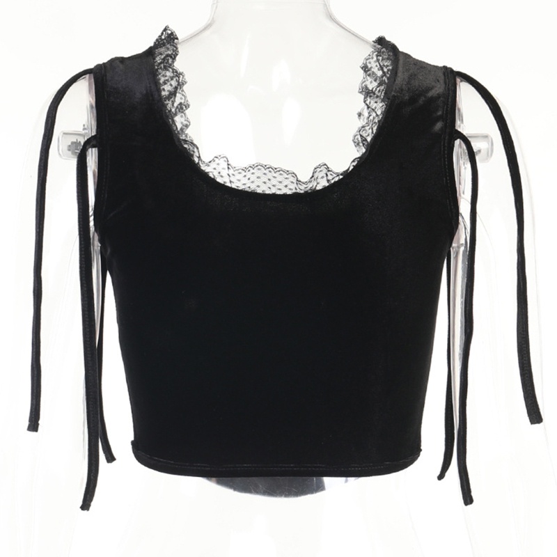 Áo croptop tay loe dài cổ vuông phối ren và nơ phong cách gothic quyến rũ cho nữ