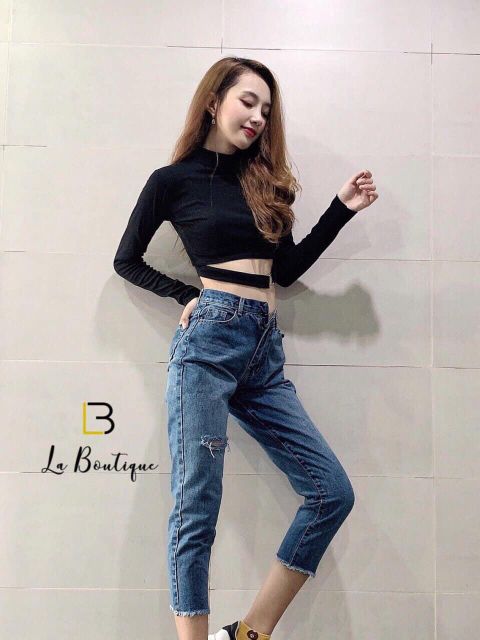 Áo kiểu choker khoen eo phong cách tay dài