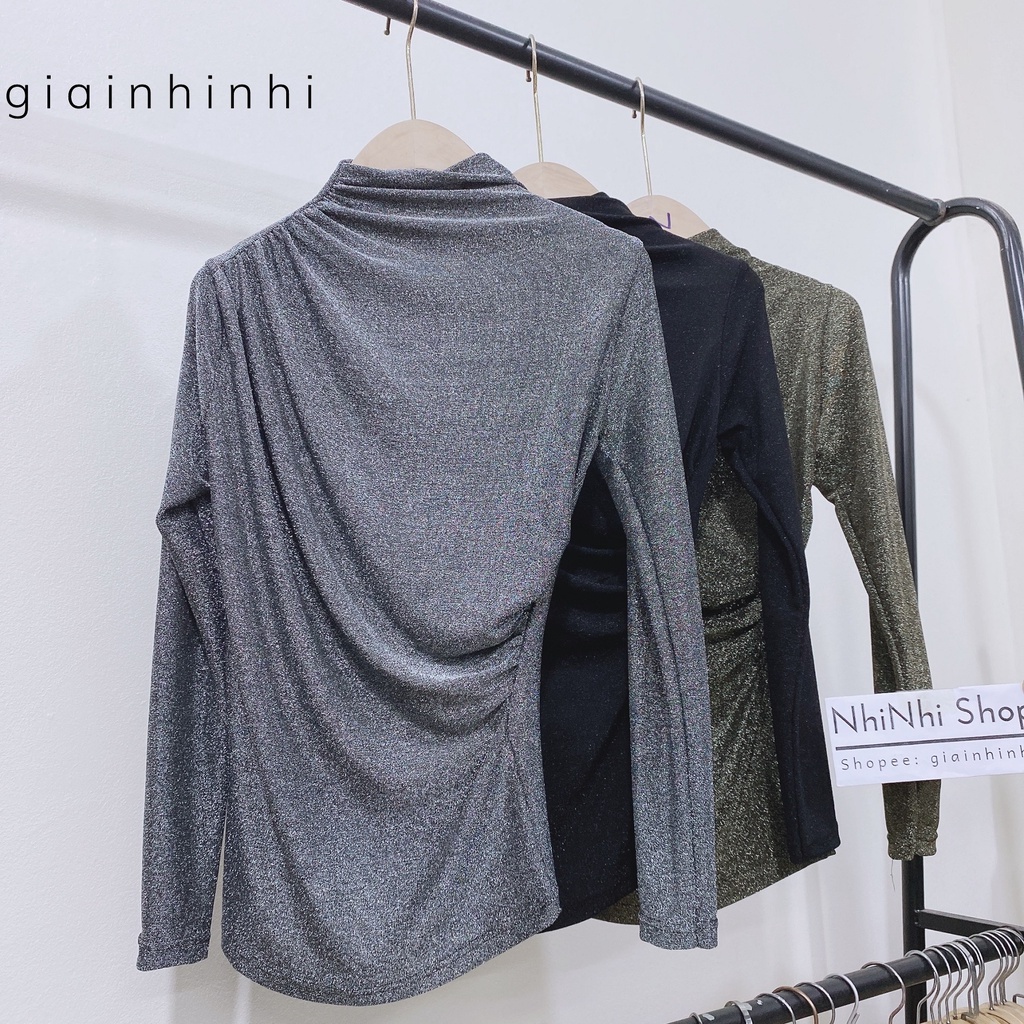 Áo nhũ rúm cổ leo 3p dài tay, Áo kiểu cổ cao vải nhũ AN1212- NhiNhi Shop