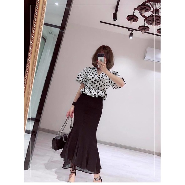 Áo Vest Plum Bèo Che Bụng Chấm Bi Chất Lụa