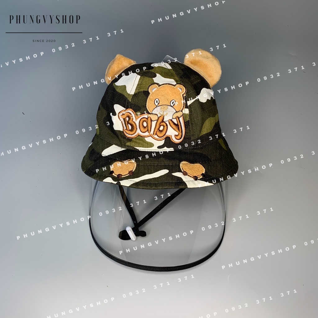 (Bé dưới 18 tháng/ Vòng đầu 48cm) Mũ CHỐNG GIỌT BẮN cho bé trai bé gái - BẠN GẤU ĐI LÍNH- Nón cản bụi