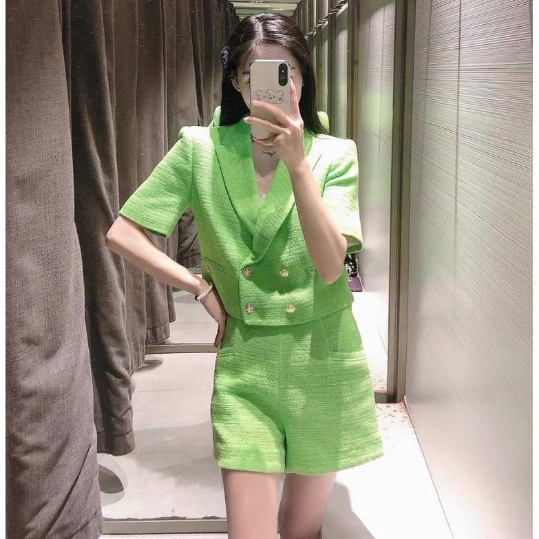 (Hàng Đẹp Ảnh Thật Order Không Huỷ) Set áo vest Croptop tay ngắn quần ngắn ngố màu xanh hot trend