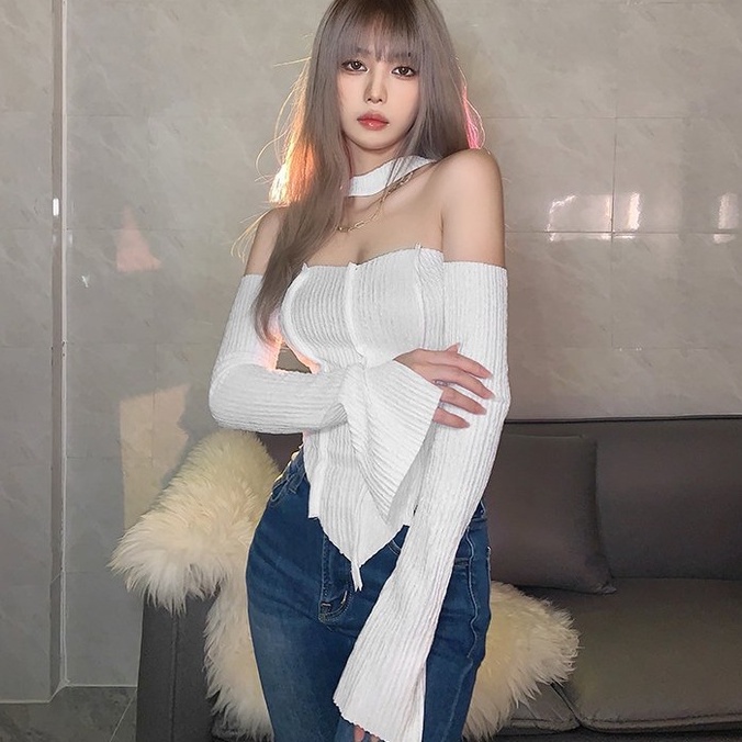 [AdorablexBeautiful] Áo Ống Tay Dài Cổ Yếm Trễ Vai Hở Lưng Nhiều Màu Phong Cách Sexy Quyến Rũ Ulzzang