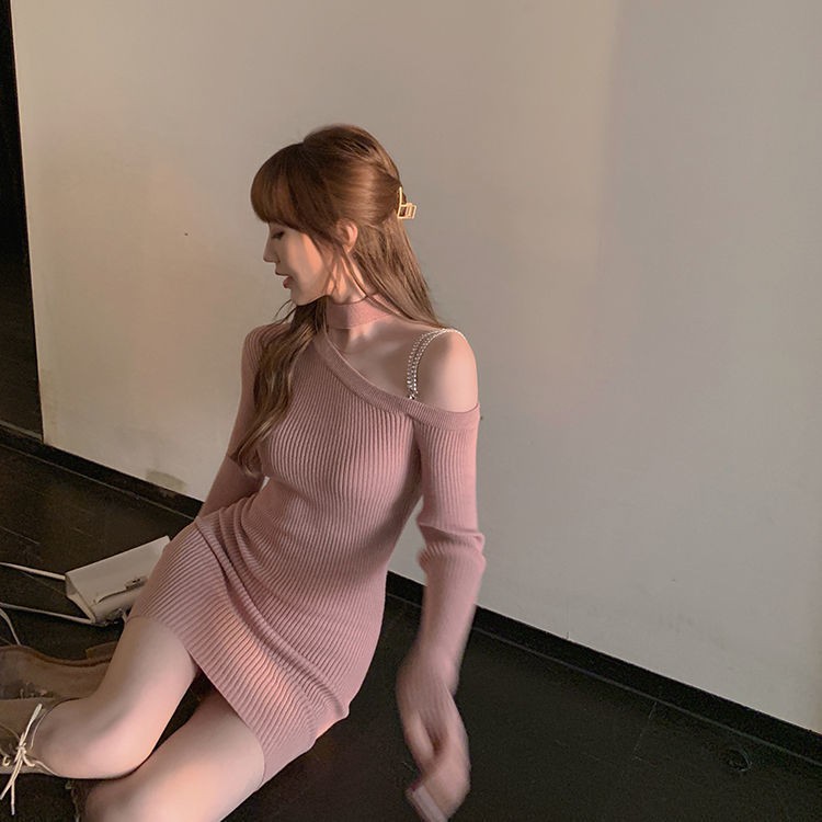 [MURIOKI] Đầm Ôm Dệt Kim Tay Dài Trễ Vai Màu Đen / Hồng Phong Cách Hàn Quốc Quyến Rũ Cho Nữ