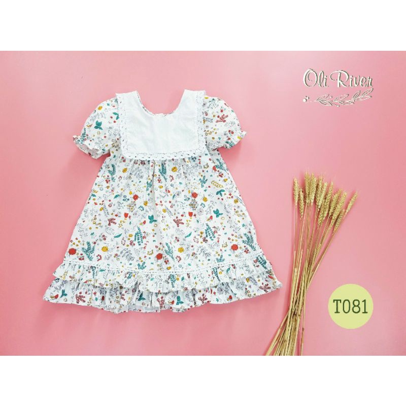 Đầm tiểu thư vải hoa nhí phối cổ ren trắng bé 8-26kg