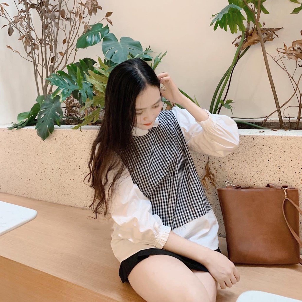 Áo sơ mi bầu dài tay phối màu đen trắng ngà
