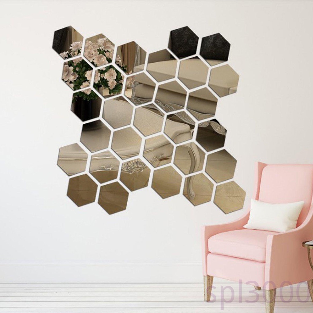 Bộ 12 miếng dán tráng gương hình lục giác bằng acrylic trang trí phòng khách/phòng ngủ/phông nền sau TV