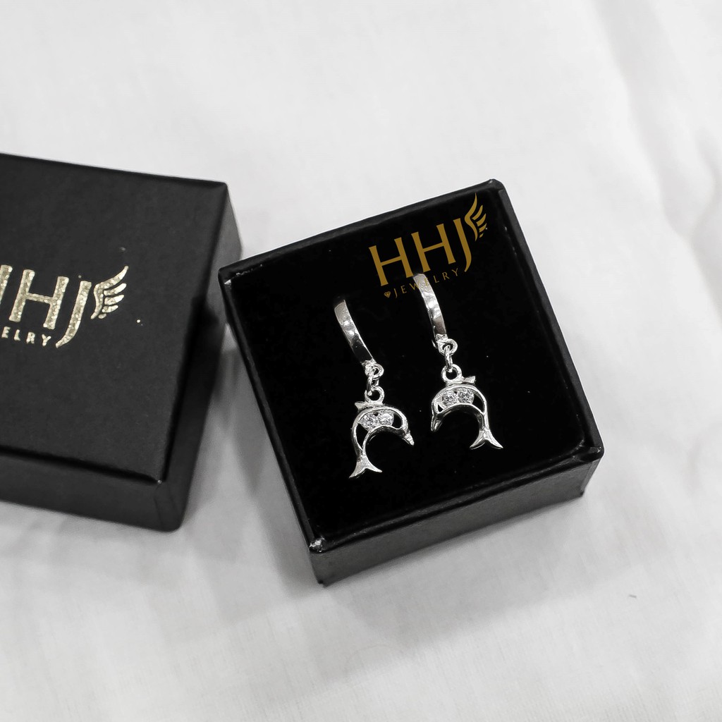 Bông tai - Khuyên tai vòng tròn treo cá heo đính đá - HHJ - Bạc S95