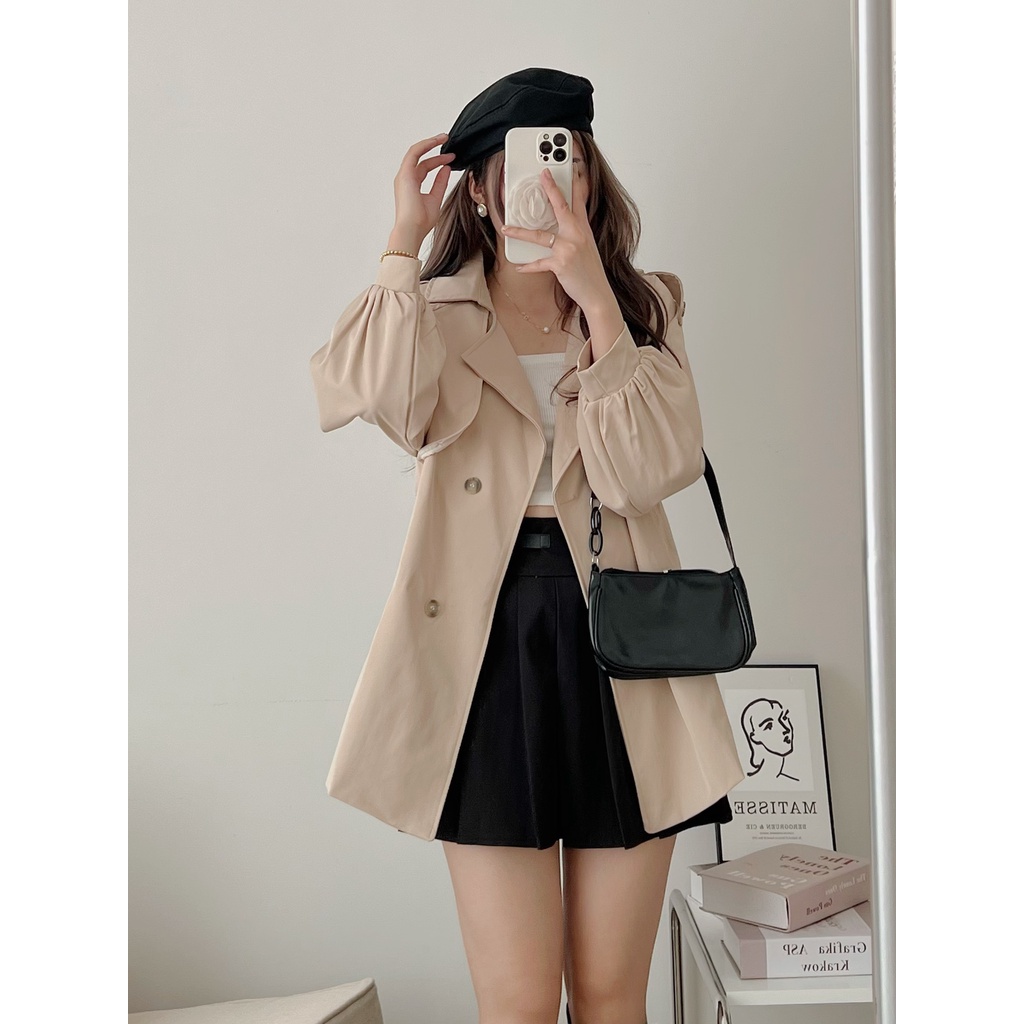 Áo Khoác Mangto Kaki Kèm Đai Áo Kaki Tay Bồng 2 Lớp