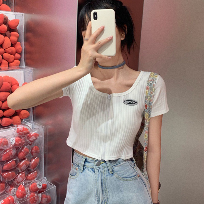 Áo Croptop Dệt Kim Tay Ngắn Thiết Kế Khoá Kéo Thanh Lịch